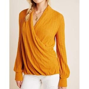 Anthropologie Maeve Wrap Rafela Hacci Surplice Long Sleeve Ribbed Knit‎ Top  S